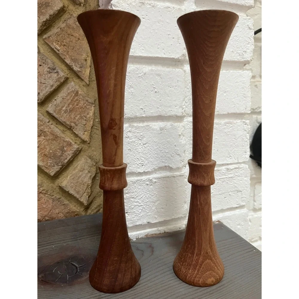 Vintage Mid-Century modern wood candlestick holders Danish style.‎